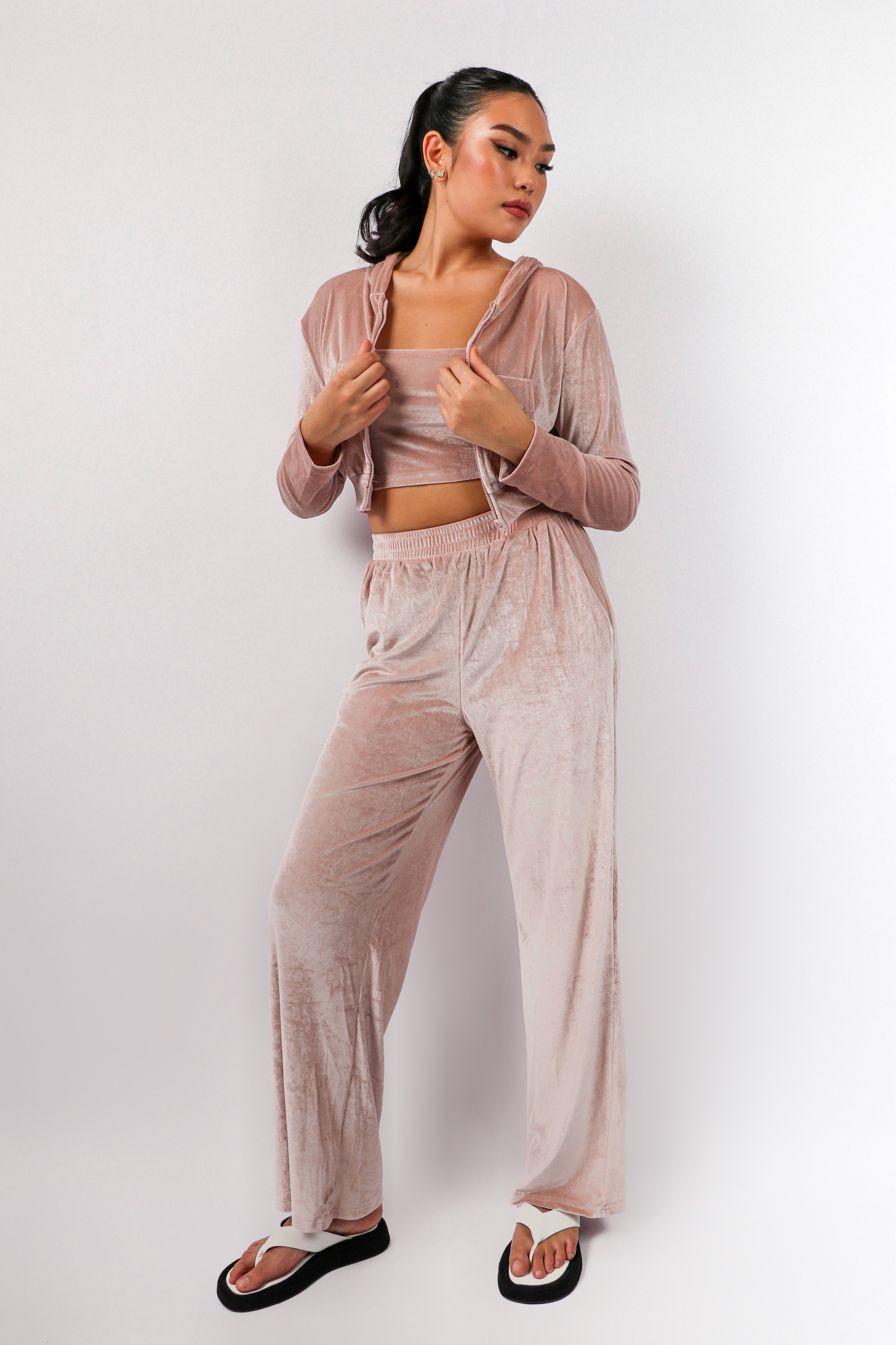 Pink velvet tracksuit set hotsell